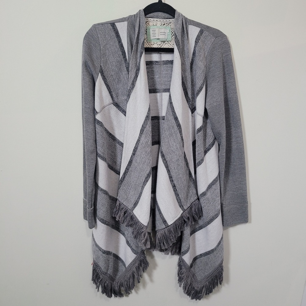 Saturday/Sunday Small Striped Fringe Open Front Cardigan Womens Grey White Boho